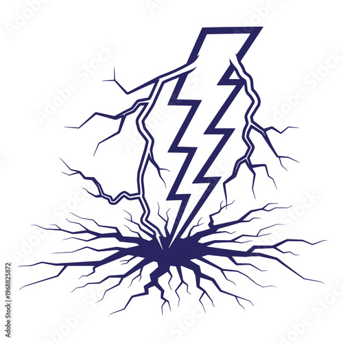Dark blue lightning bolt striking the ground creating sharp jagged cracks and fissures in a flat style isolated on a white background