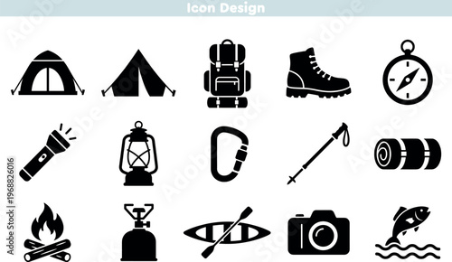 Set of icons for camping and outdoor adventure. Includes tent backpack compass campfire and hiking boots. Essential symbols for wilderness exploration and travel. Quality vector design.