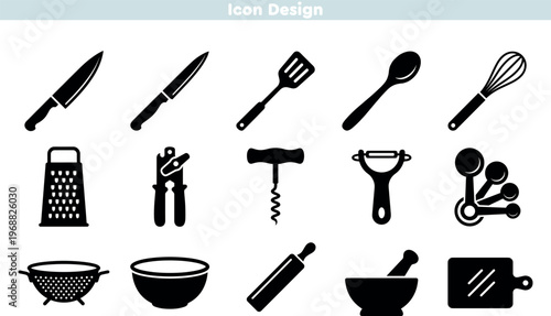 Set of icons for kitchen tools and cooking equipment. Includes knife spatula whisk grater and rolling pin. Professional symbols for culinary arts and food preparation. Quality vector design.