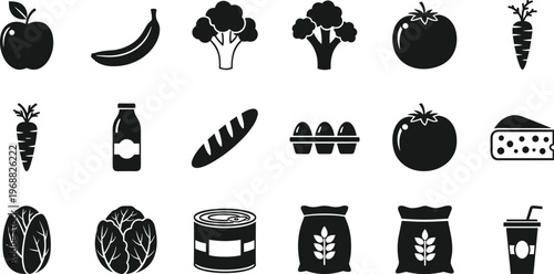 A collection of simple black silhouette icons depicts various food items including fruits vegetables bread and dairy high quality professional detailed modern elegant