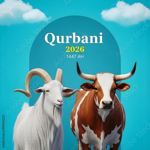 Professional Qurbani 2026 Eid al-Adha Banner: Sacrificial Goat and Bull Illustration for 1447 AH