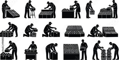 A series of black silhouette figures depict individuals engaged in the tasks of selling and arranging produce at market stalls high quality professional