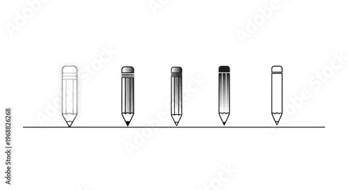 Five pencils with varying degrees of graphite usage and eraser wear Vector