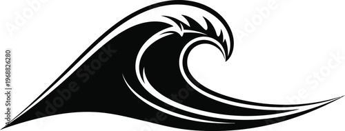 A stylized black wave graphic on a white background resembling a surf or ocean wave in a dynamic motion