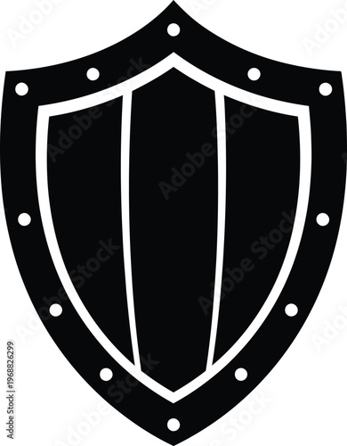 A black and white shield icon with a white outline and rivets on a plain white background