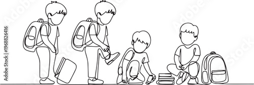 Boys getting ready to go to school. Back to school concept. one line Icon drawing