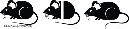 Stylized black mouse silhouettes with long curved tails and whiskers, creative animal design illustration showing symmetry, division, contrast, minimal vector artwork concept