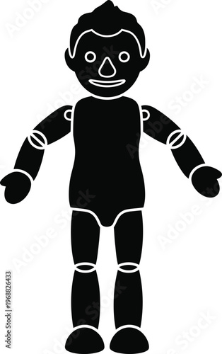 A black and white image of a voodoo doll with a menacing face and jointed limbs on a plain white background