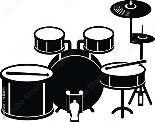 Black and white illustration of a standard drum set with cymbals