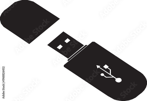 A black silhouette illustration on a open USB flash drive, showing the main body with the USB Symbol and the detached protective cap. The vector graphic represents digital data storage.