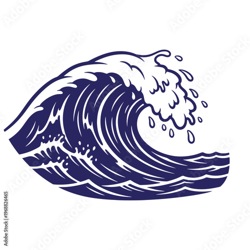 Dark blue of a curling ocean wave with white foam crest and water droplets isolated on a white background