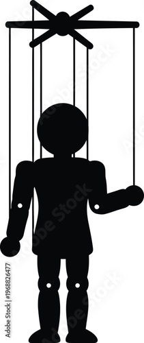 A silhouette of a person controlled by a puppeteer's strings symbolizing manipulation and control