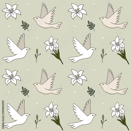 Lilies flowers and doves seamless pattern