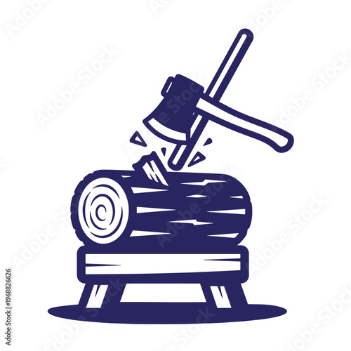Dark blue of a sharp axe chopping a round wooden log resting on a small rustic wooden stool with wood chips flying in the air isolated on a white background