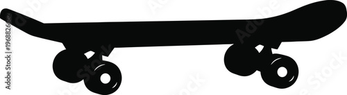 A black silhouette of a skateboard with four wheels on a white background