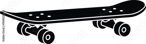 A black skateboard with four wheels on a white background