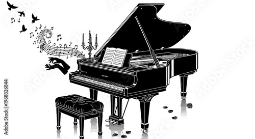 A grand piano with music notes and birds flying around isolated on transparent background, isolated on white background, Vector