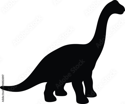 A black silhouette of a dinosaur specifically a sauropod or brontosaurus standing alone on a white background