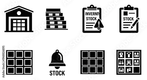 Black and white icons related to inventory and stock management isolated on transparent background, isolated on white background, Vector