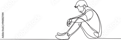 A starving homeless man on the street. Homeless one-line drawing. one line Icon drawing