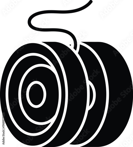 Black and white illustration of a spool of thread or wire with a loose end