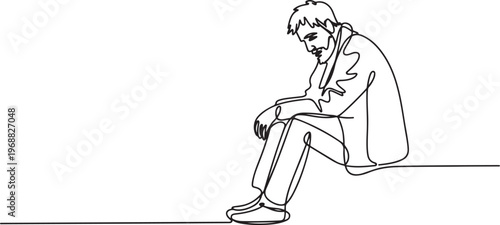 A starving homeless man on the street. Homeless one-line drawing. one line Icon drawing