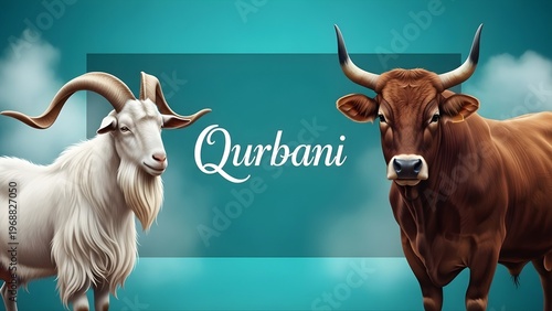 Qurbani Eid al-Adha Banner: Professional Illustration of Sacrificial Goat and Bull for Festival