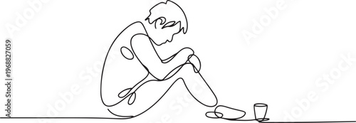 A starving homeless man on the street. Homeless one-line drawing. one line Icon drawing