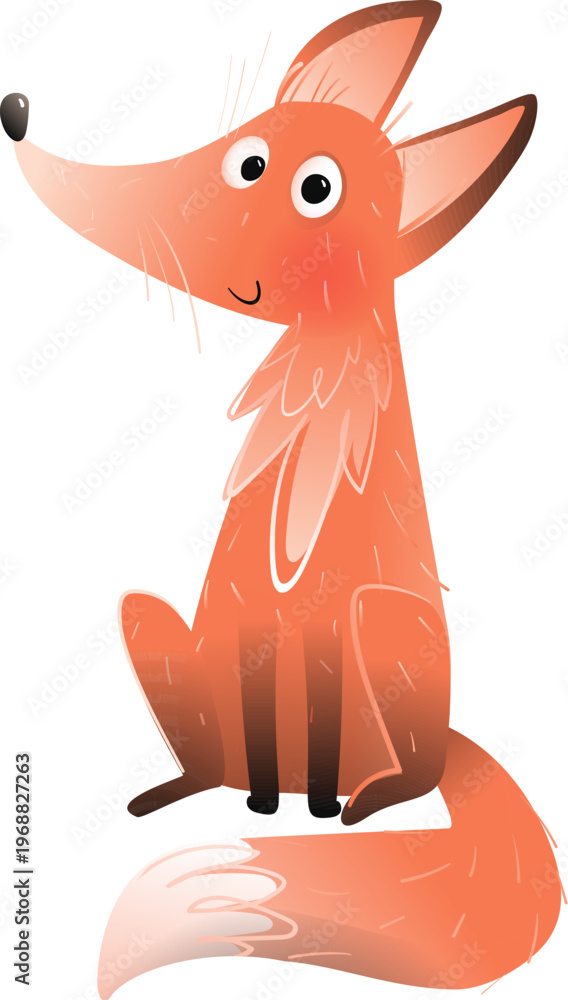 Naklejka premium Cute wild fox animal character with a friendly smile. Forest furry fox cartoon for children in watercolor style. Hand drawn vector illustration for kids.