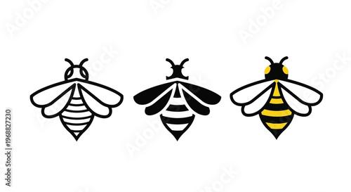 Three stylized bees with varying designs and color schemes depicted in black and white Vector