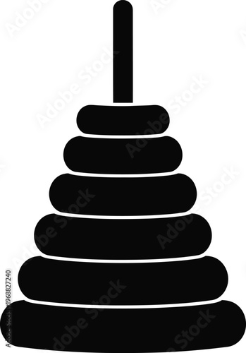 A black and white image of a stacking toy with seven discs
