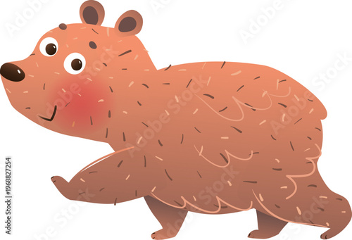 Cute wild brown bear animal character walking with a friendly smile. Wild bear from woodland, wildlife cartoon for children in watercolor style. Hand drawn vector illustration for kids education.