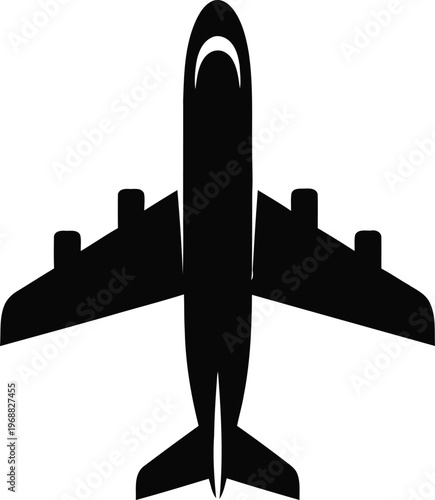 Black silhouette of an airplane flying away from the viewer on a white background