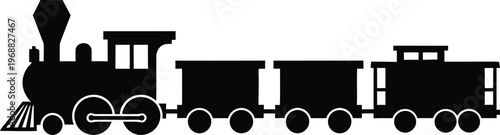 Black silhouette of a vintage steam train with multiple cars on a white background
