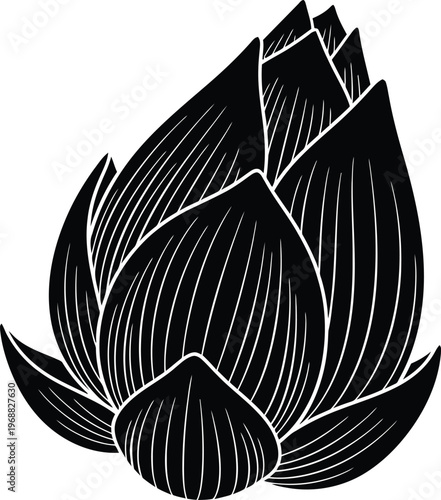 A black and white illustration of an artichoke flower bud