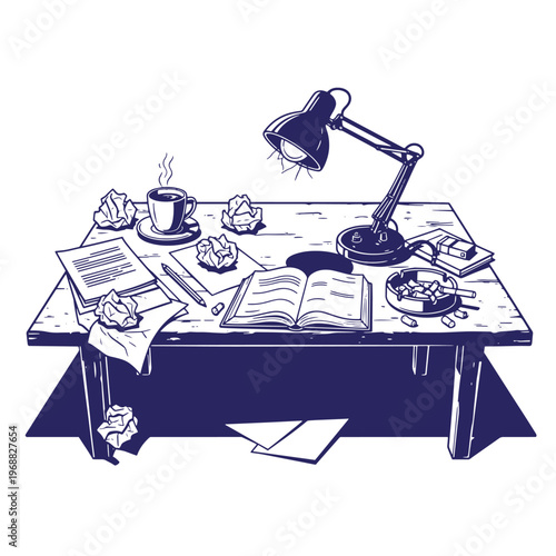 Messy wooden desk with an open book a steaming cup of coffee a desk lamp crumpled paper balls and an ashtray with cigarette butts in a blue ink style