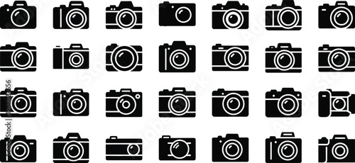 Collection of vintage and modern camera icons in black and white