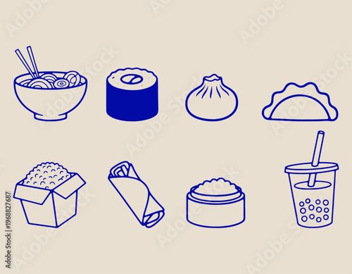 Asian Food Vector Icon Set featuring Sushi Ramen Dumplings Spring Roll Takeaway Box and Bubble Tea Blue Line Art