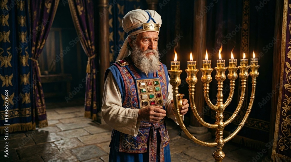 Fototapeta premium Jewish high priest in traditional vestment lighting gold menorah in temple. Historical religious scene depicting ancient worship ritual. Biblical character study for spiritual narrative.