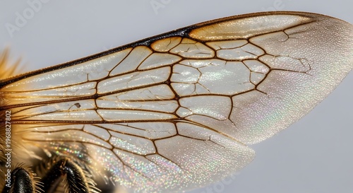 Extreme close-up of a bee's transparent wing with intricate vein patterns and iridescent shimmer