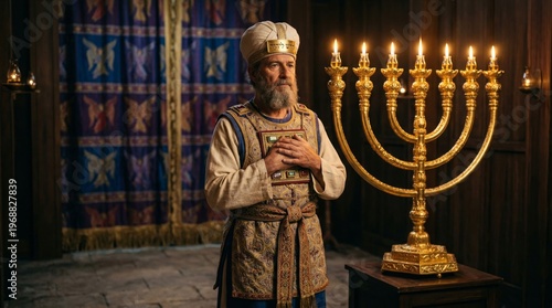 High priest in ancient temple vestments standing by a glowing golden menorah. Religious figure in traditional biblical attire. Worship and faith concept for historical religious depictions.
