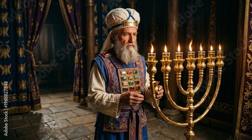 Jewish high priest in traditional vestment lighting gold menorah in temple. Historical religious scene depicting ancient worship ritual. Biblical character study for spiritual narrative.