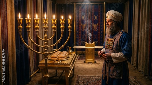 Jewish priest in traditional robe standing in tabernacle with golden menorah and incense smoke. Biblical scene of temple service. Religious ritual and ancient tradition in judaism.