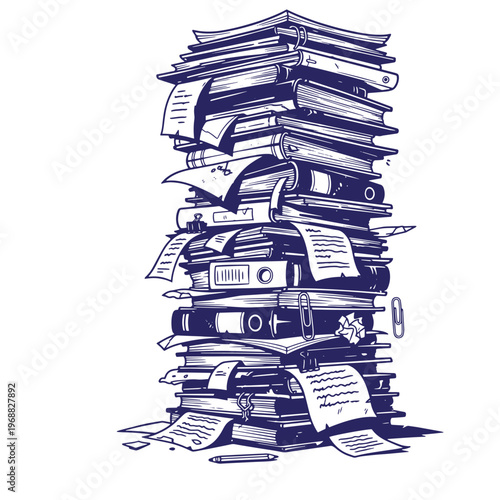 Tall stack of messy office documents books ring binders and loose papers with paperclips and a pencil in a dark blue ink line style on a white background