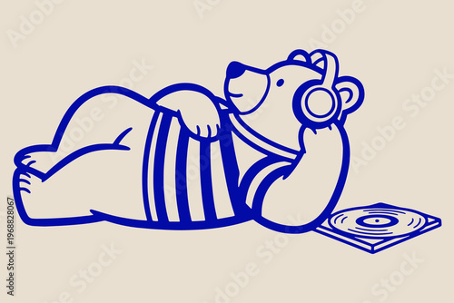 Music Bear Cartoon Vector Relaxing Grizzly with Headphones and Vinyl Record