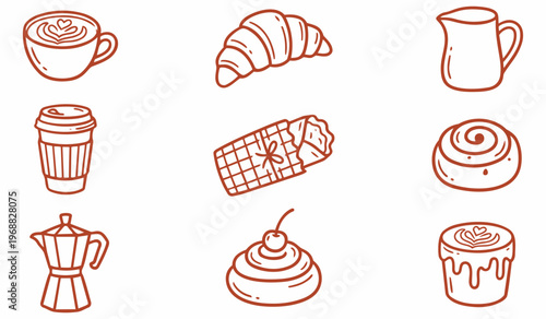 Artisan Breakfast Delights: A collection of meticulously drawn breakfast and brunch illustrations, featuring a cup of coffee with latte art, a buttery croissant, a classic cinnamon roll.
