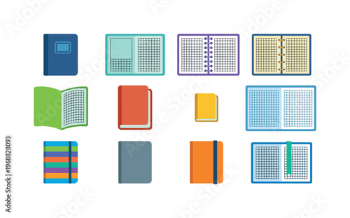 A closed squared notebook, open grid notebook, spiral bound grid notebook, stitched spine grid notebook, soft cover grid notebook,
