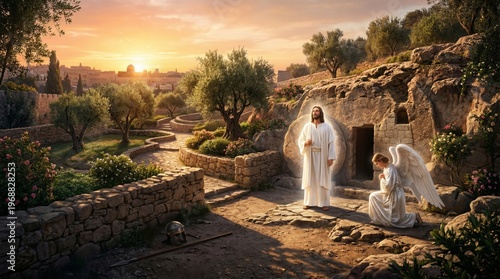 Jesus Christ standing outside the tomb with an angel kneeling on Easter. Resurrection of Christ in a garden at sunrise. Religious biblical scene depicting miracle, faith and hope.