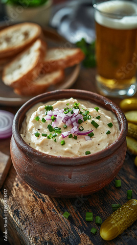 Creamy dip with chives in clay pot served with bread and beer  