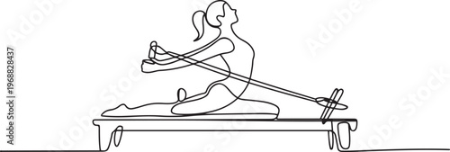 Woman doing pilates using pilates reformer. Pilates concept. one line Icon drawing